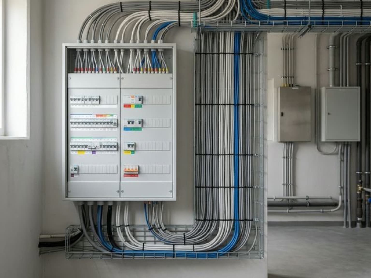 Электрическая система дома с щитом, кабельными трассами и инженерным монтажом.