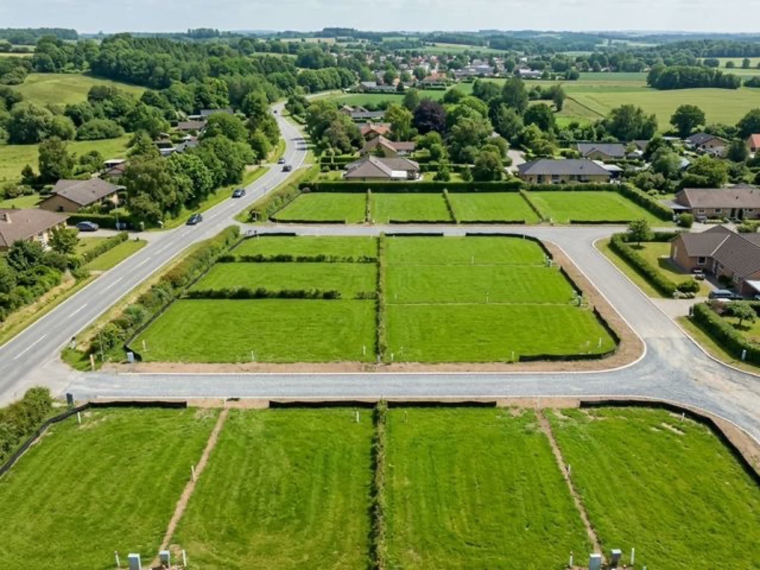 Возвышенный вид на несколько зеленых земельных участков без домов, подготовленных под строительство с подрядом.