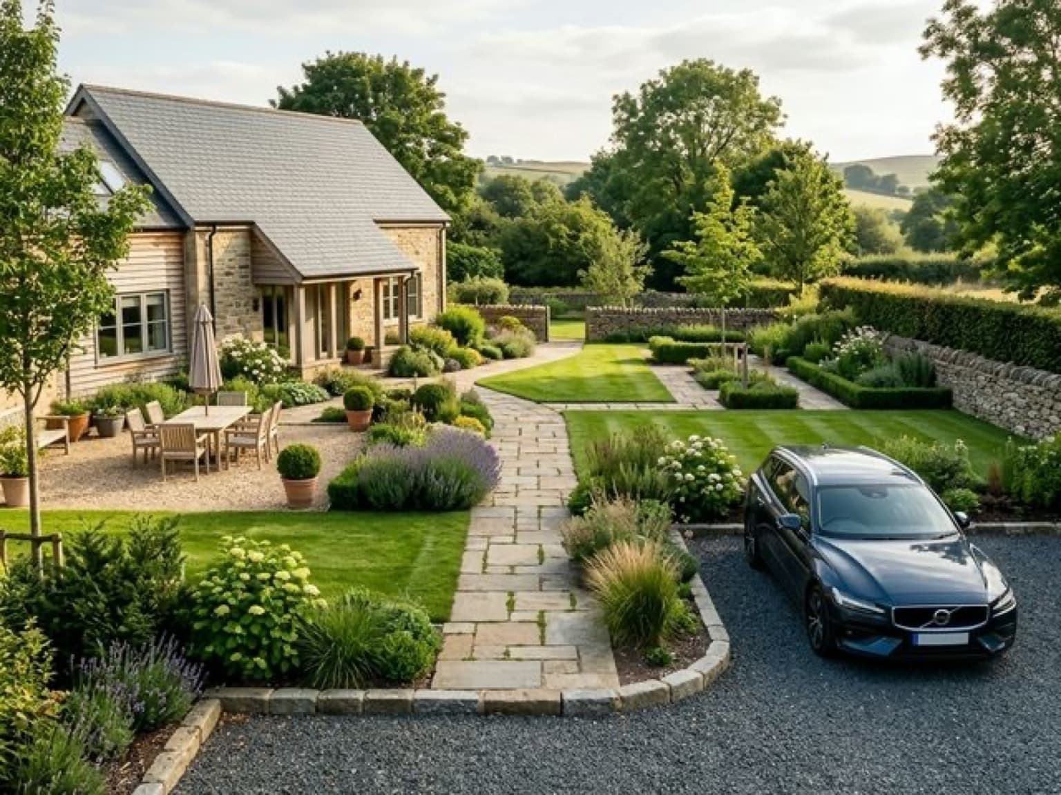 Парковка, дорожки и тротуарная плитка на благоустроенном участке загородного дома.