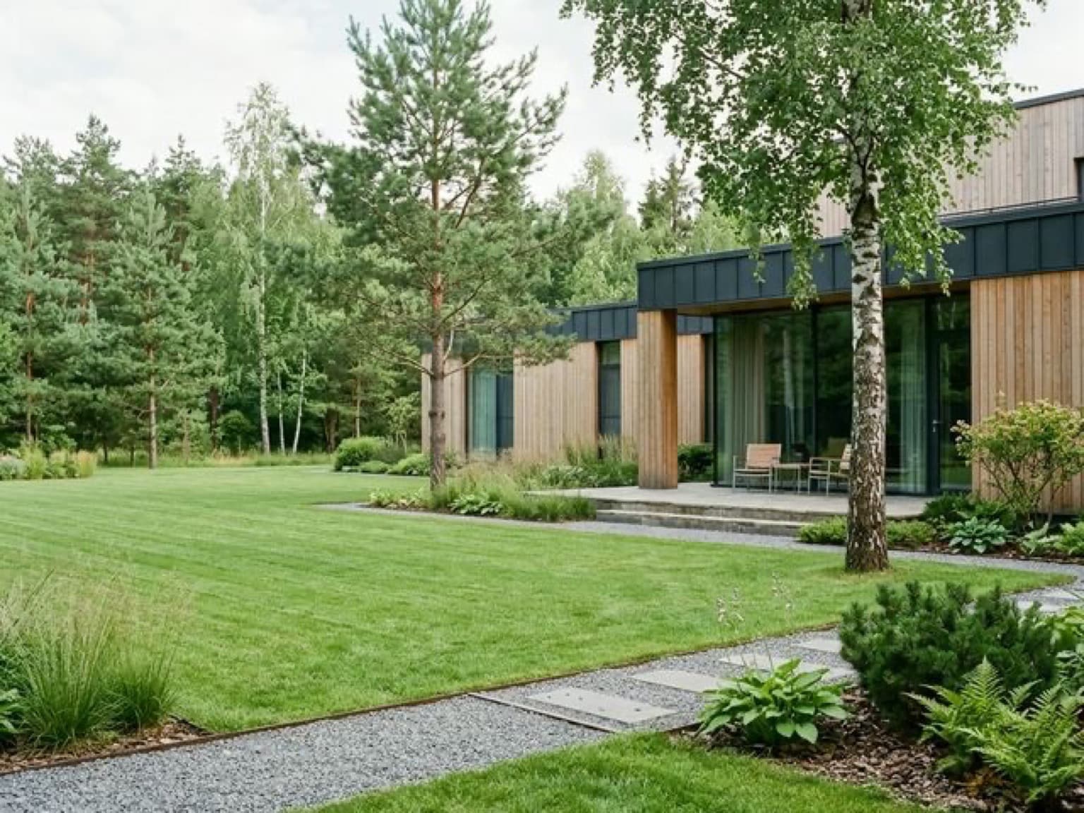 Ландшафтный участок с зеленью, рельефом и продуманным озеленением.