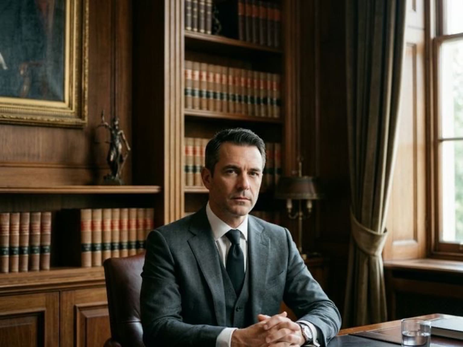 Серьезный мужчина в костюме, представляющий услуги юриста по недвижимости и строительству.