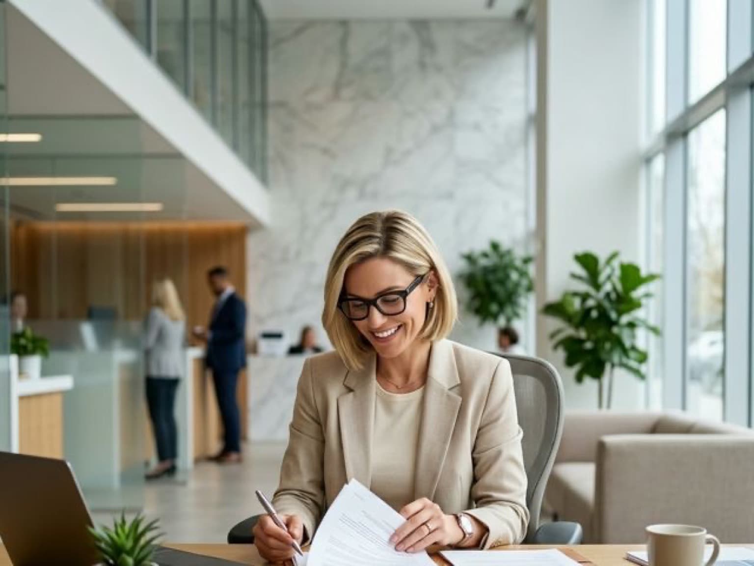 Женщина с улыбкой за столом в банке, работающая как ипотечный брокер с документами клиента.
