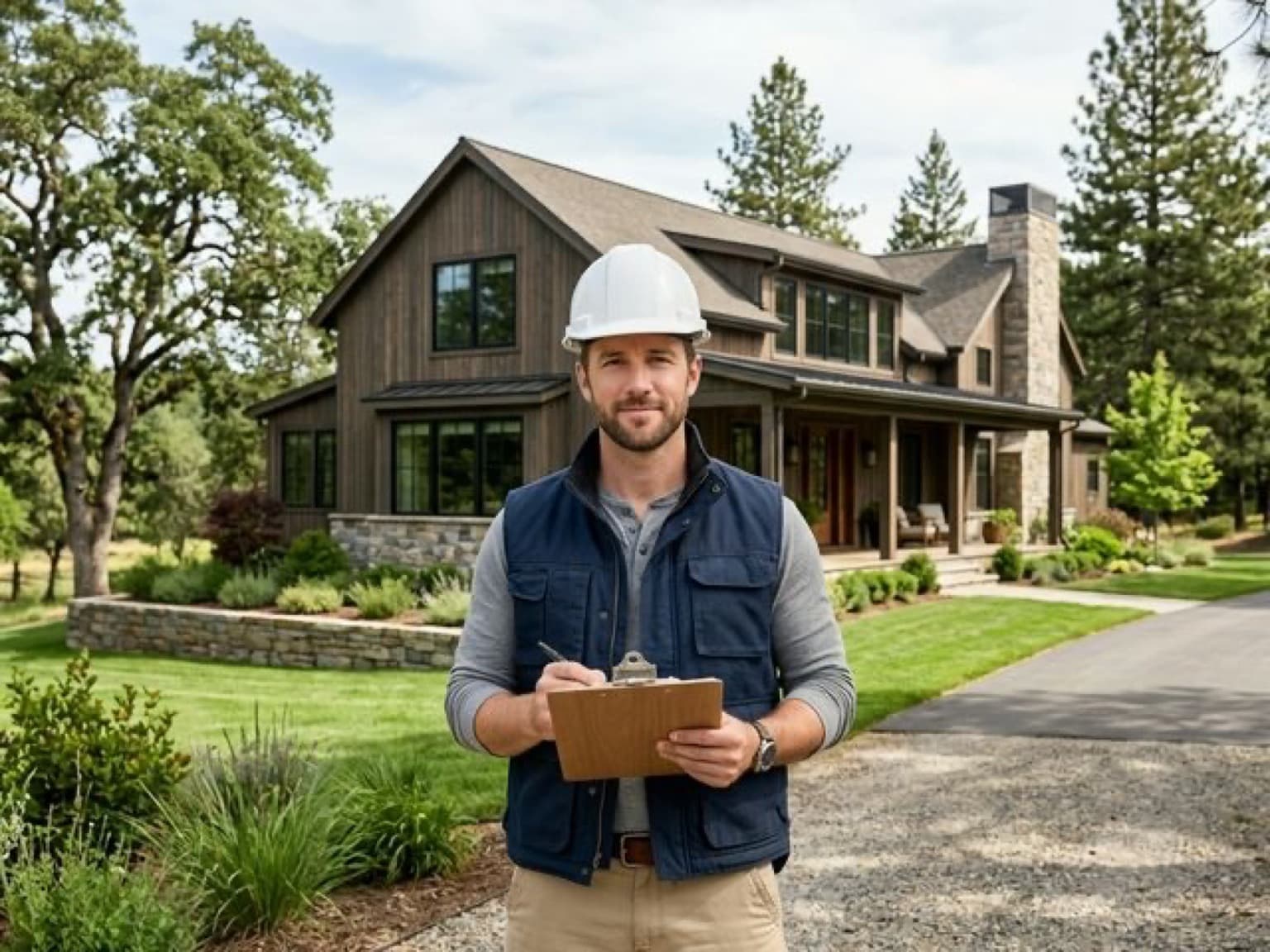 Мужчина в рабочей одежде и каске проверяет документы на объекте как специалист технадзора.