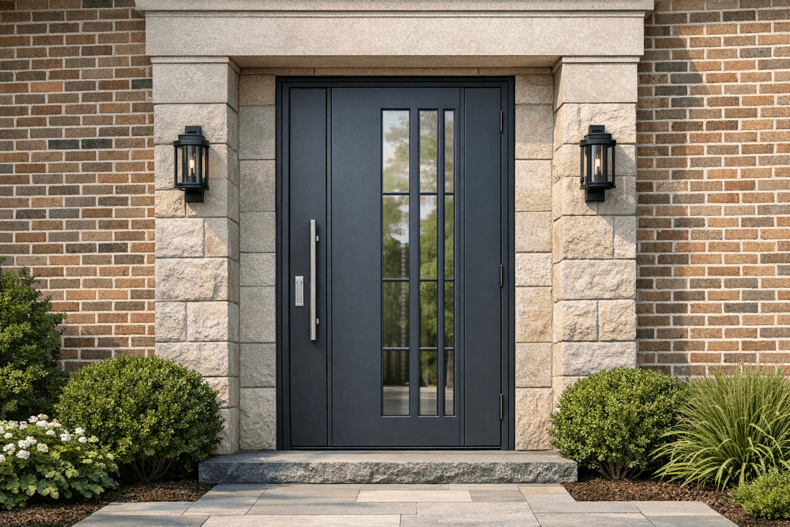 Темная металлическая входная дверь со стеклянными вставками в каменном портале частного кирпичного дома.