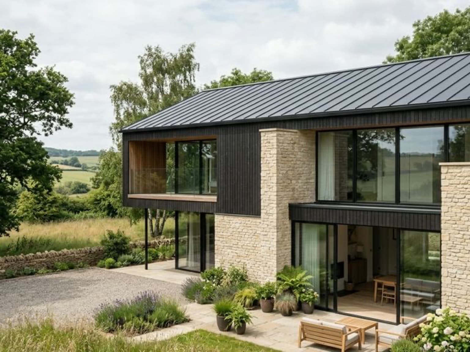 Экстерьер загородного дома с качественной наружной отделкой, фасадом и аккуратными внешними деталями.