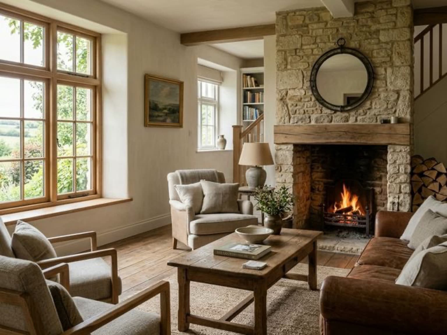 Светлый интерьер загородного дома с аккуратной внутренней отделкой и готовыми финишными поверхностями.