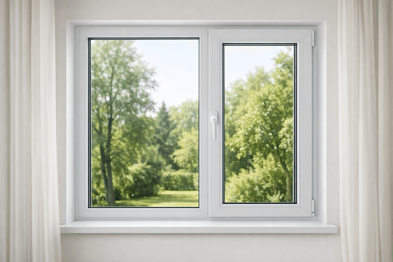 Белое пластиковое окно в светлом интерьере загородного дома с видом на зеленый участок за стеклом.