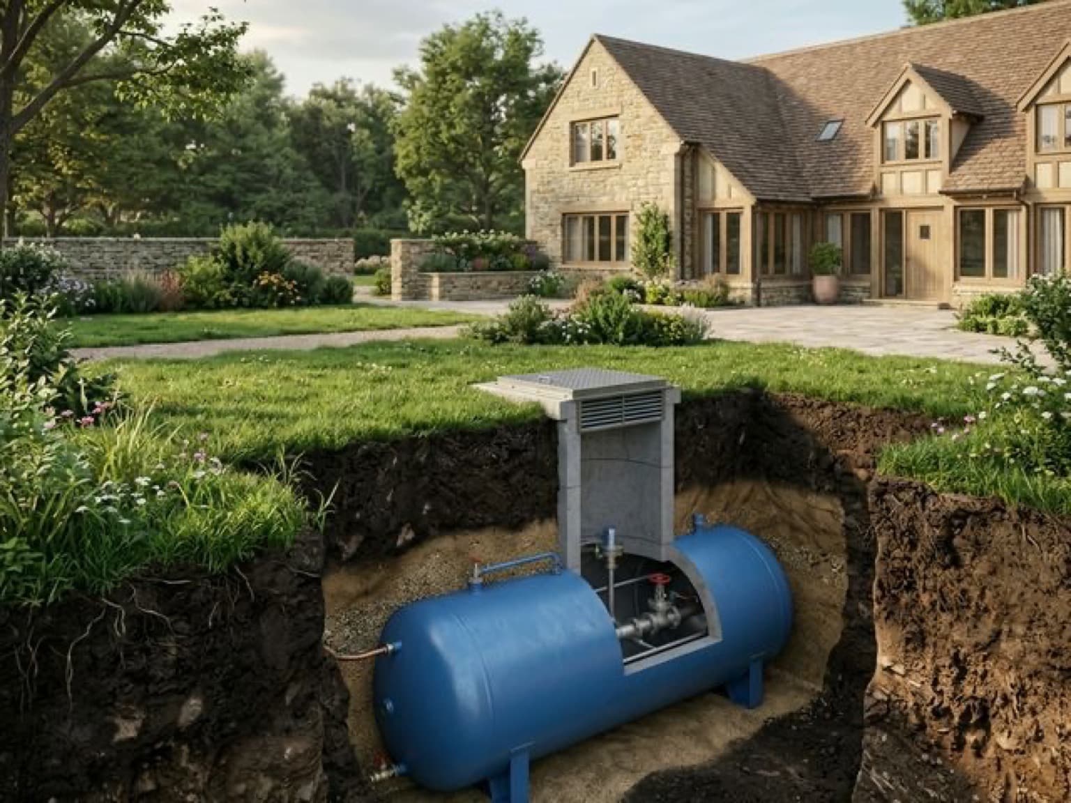 Газгольдер и элементы системы газификации на участке загородного дома.