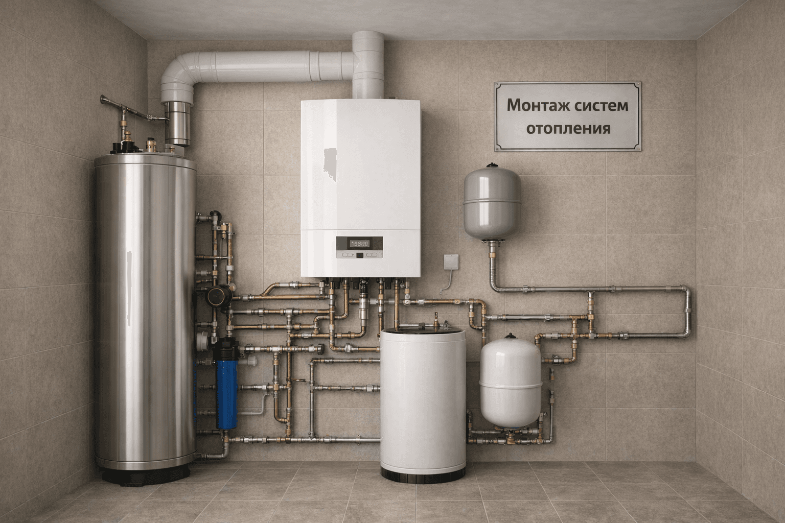 Отопительный котел с надписью Монтаж систем отопления