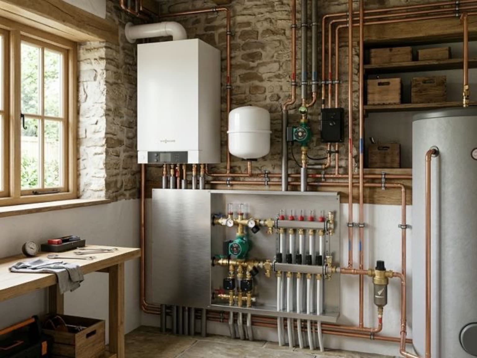 Современная отопительная система загородного дома с котельным оборудованием и аккуратной разводкой.