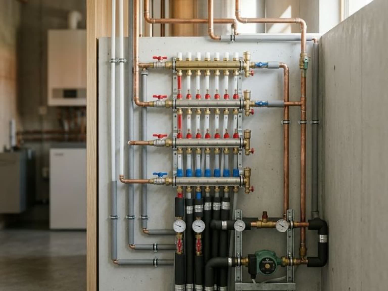 Сантехнические сети в доме с трубами, коллекторами и аккуратным инженерным монтажом.