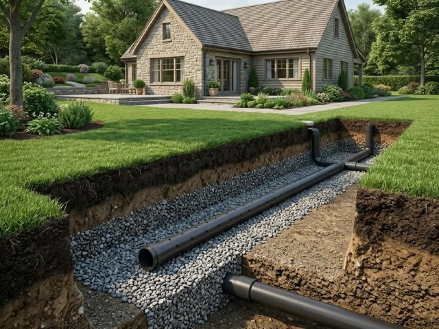 Дренажная система на участке загородного дома для водоотведения.