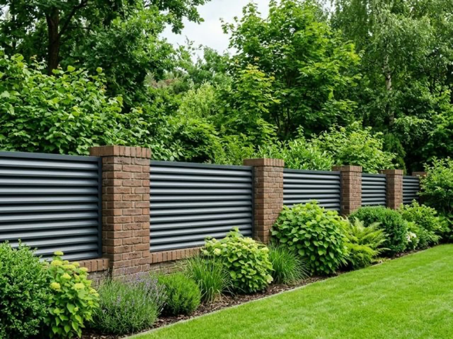 Невысокий полупрозрачный забор с зеленью на участке загородного дома.